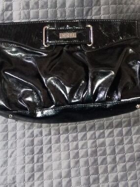 Miche Black Patent Ruched Clutch with Metal Plaque